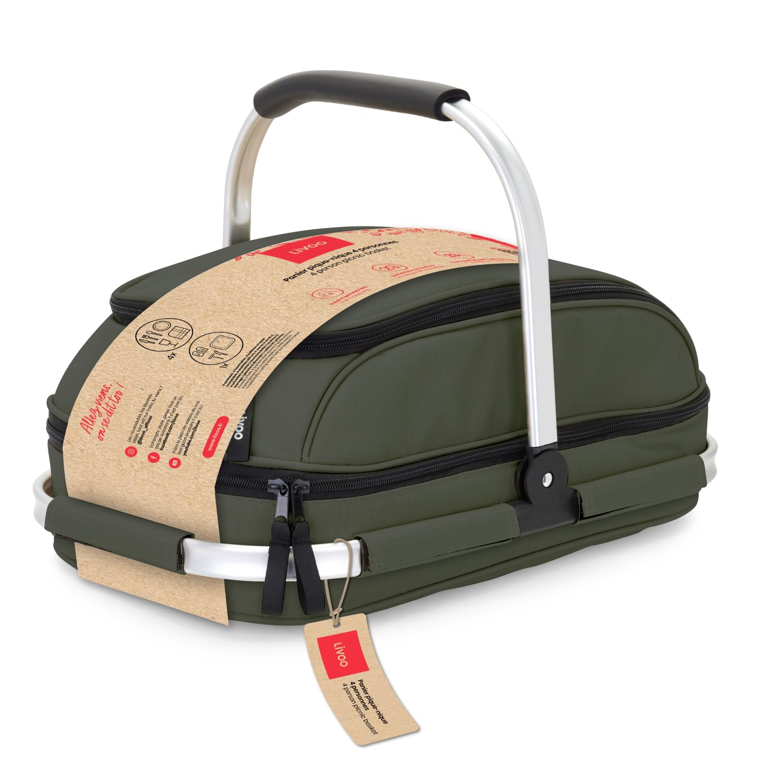 Livoo – Panier Pique-Nique 4 Personnes SEP117VE – 23L, 600D, 29 Accessoires Inclus