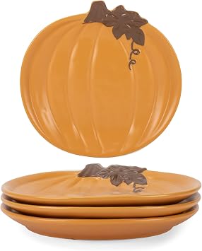 Nat & Jules Pumpkin Shaped 8 x 8 Inch Ceramic Small Dining Plates Perfect for Thanksgiving, Halloween and Indoor Fall Table Decor & Service - Set of 4, Orange