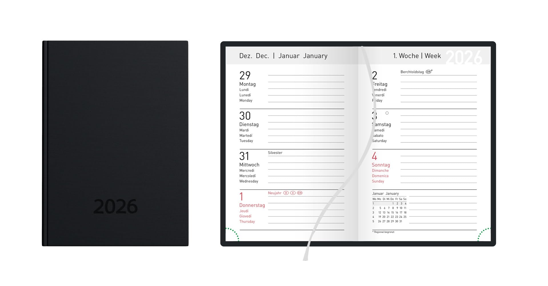 Idena 12053 Pocket Diary DIN A7 2026, 1 Week on 2 Pages, Diary with Balaton Cover in Black, Bookmark Ribbon and Corner Perforation