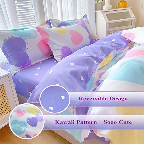 Miniatura 9 de Juego de funda de edredón de 3 piezas de arcoíris, juego de ropa de cama kawaii, lindo juego de funda de edredón de nube para niñas, mujeres y