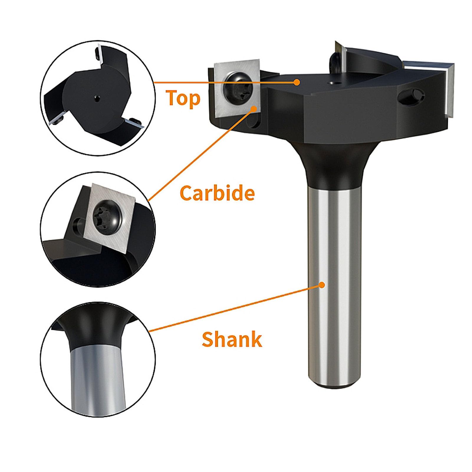 Punta per spoilboard con gambo da 1/2 pollice, fresa a T a 3 lame, fresa per superfici di spoilboard con diametro di taglio di 60 mm e lame di ricambio per frese CNC e manuali