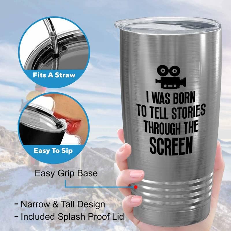 Filmmaker Silver Tumbler 20oz - tell stories through the screen - Filmmaker Gifts Camera Lens Cut Prop Director Movie Film Scriptwriter