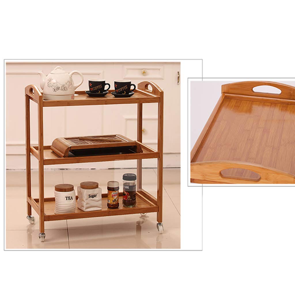 Carritos de Servicio de 3 Niveles, Carrito de Comedor con Soporte de Madera, Bandeja de Madera Maciza, 4 Ruedas universales con Bloqueo para Cocina, hoteles, restaurantes y residen
