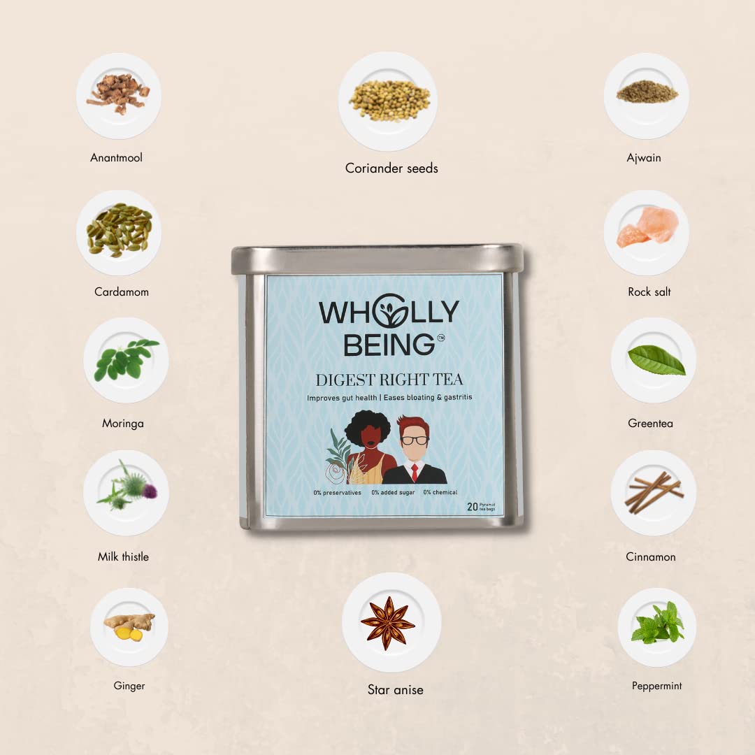Wholly Being-Digest Right Tea for better digestion & gut health 100gm with Anantmool, Moringa, star Anise