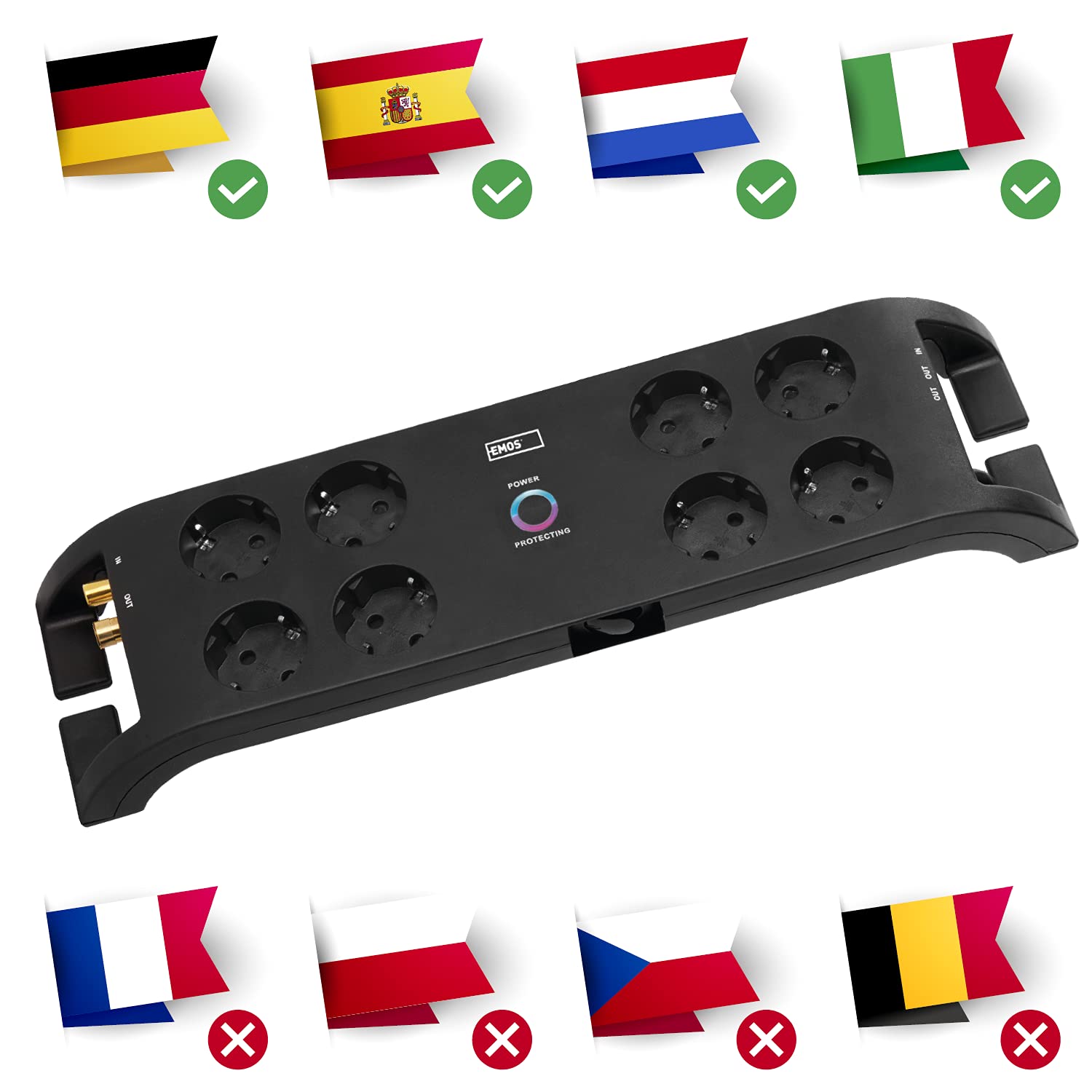 EMOS P54252 - Ciabatta elettrica con protezione da sovratensione, cavo da 3 m con interruttore e indicatore LED, presa multipla con contatto di protezione, 1800 J, corrente di scarico 15000 A