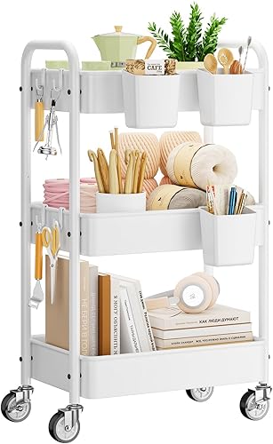 YASONIC Carrito con ruedas de 3 niveles, carrito utilitario de metal con ruedas, organizador de almacenamiento mejorado con tazas y ganchos