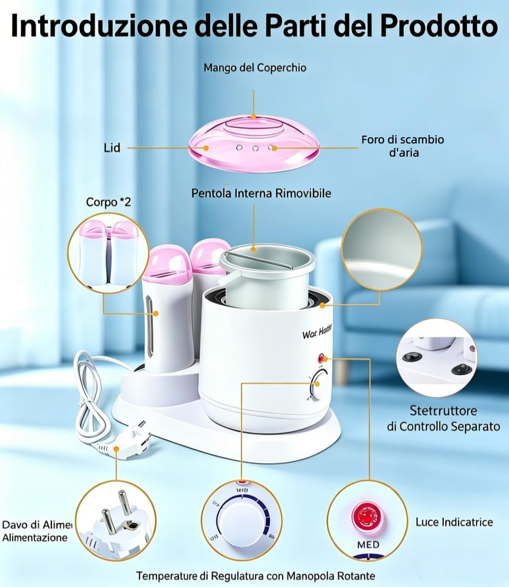 Riscaldatore di cera 3 in 1 controllo della temperatura, macchina di fusione di cera regolabile, riscaldatore di cera professionale per depilazione delle gambe e del corpo, donne e uomini 800 ml