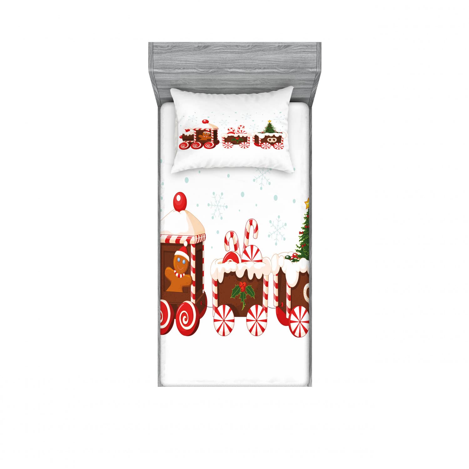 Ambesonne Christmas 2 Pack Fitted Sheet & Pillow Sham Set, Gingerbread Train, 4 Pcs Bedding Decor, Package Contains 2 Twin Size Fitted Sheets & 2 Pillow Covers, White Brown Vermilion