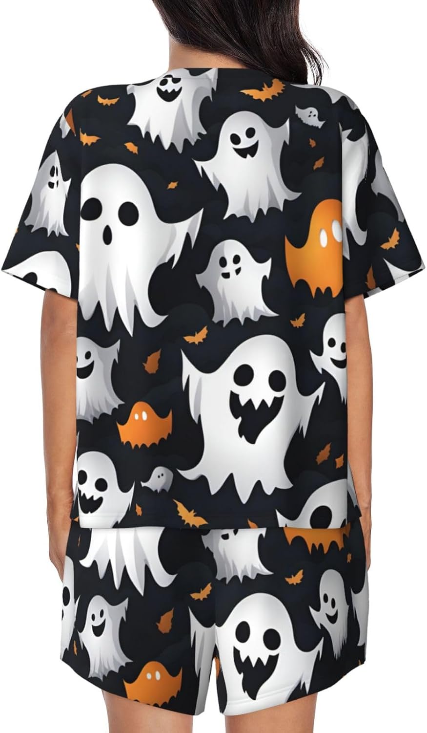 Women'S Cute White Ghost Halloween Pattern Print Pajamas Set,Womens Pj Sets,Loungewear Sets With Cooling Fabric