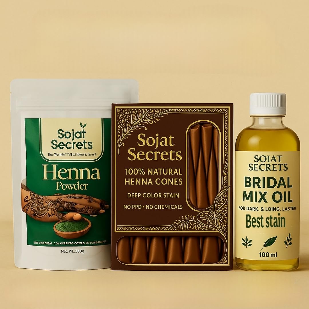 Sojat Secrets Bridal Henna Kit, 500g Powder, 12 Mehndi Cones, 100ml Mix Oil, Natural Chemical-Free-image-10