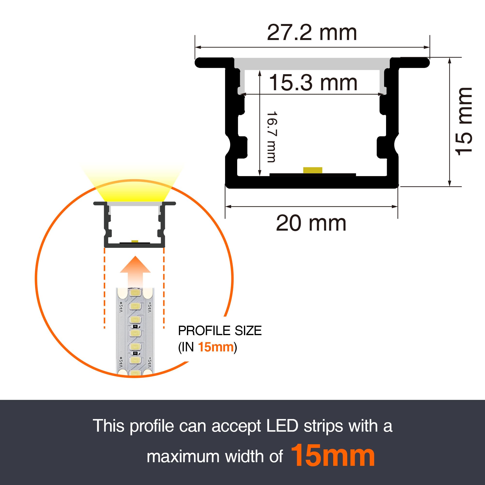 Profil LED 2m×15 aluminiowy w kształcie litery U z mleczno-białą osłoną, szyna aluminiowa do taśm LED, profil aluminiowy do pasków LED, kanał świetlny z dyfuzorem