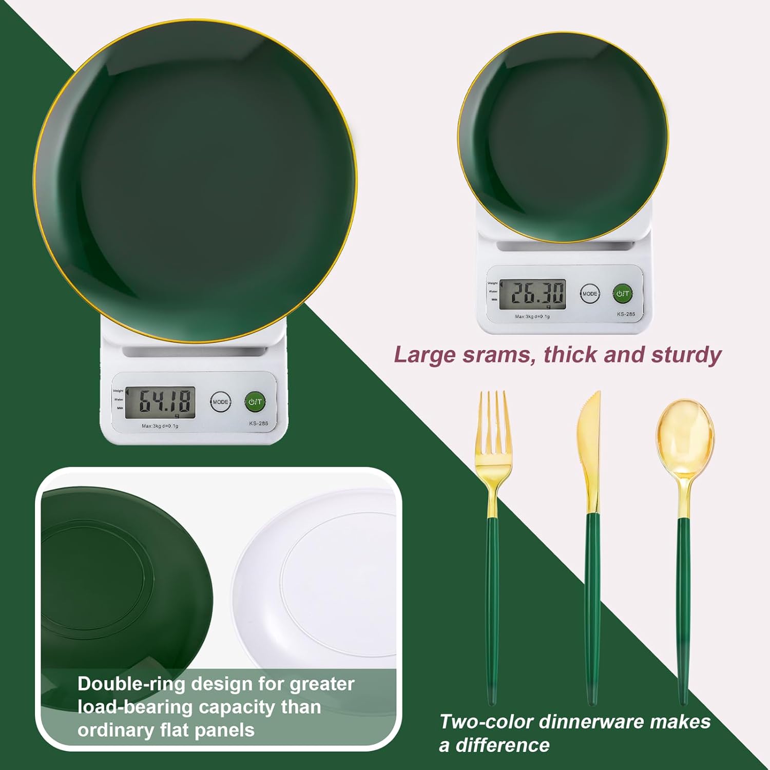Liacere 150PCS Green Plastic Plates - Gold Plastic Silverware with Green Handle - Heavy Duty Fancy Plastic Plates Disposable Include 30 Guests Plates, Forks, Spoons, Knives for St. Patrick's Day