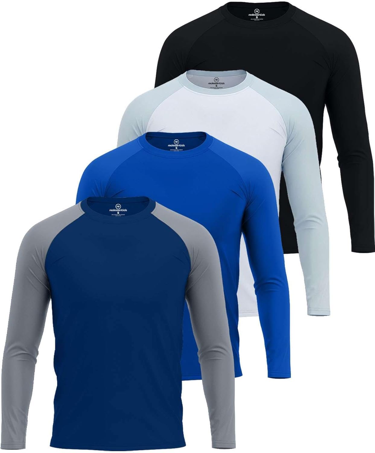 Real Essentials 4 Pack: Mens Long Sleeve Rash Guard Shirt UPF 50+ Swim Beach UV Sun Protection Fishing Quick Dry (Big & Tall)