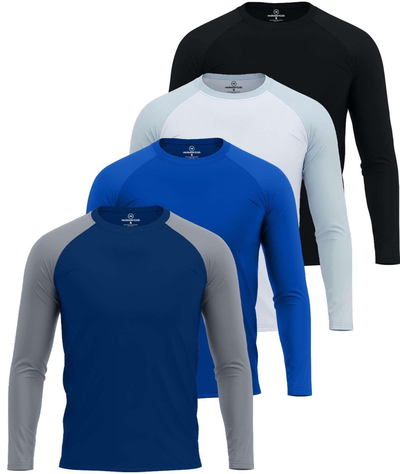 Real Essentials 4 Pack: Mens Long Sleeve Rash Guard Shirt UPF 50+ Swim Beach UV Sun Protection Fishing Quick Dry (Big & Tall)