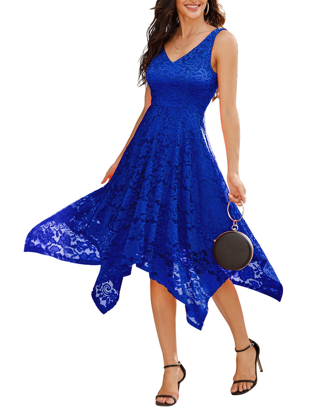Meetjen Women's Vintage Lace Dress Handkerchief Hem Modest Cocktail Semi-Formal Short Swing Dresses RoyalBlue L