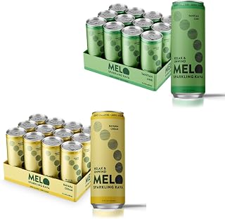 Melo Sparkling Kava Drink, Variety Bundle, Tahitian Lime + Banana Cream, Non-Alcoholic, Sugar Free, Zero-Calorie Refreshing Beverage, 12 oz Cans