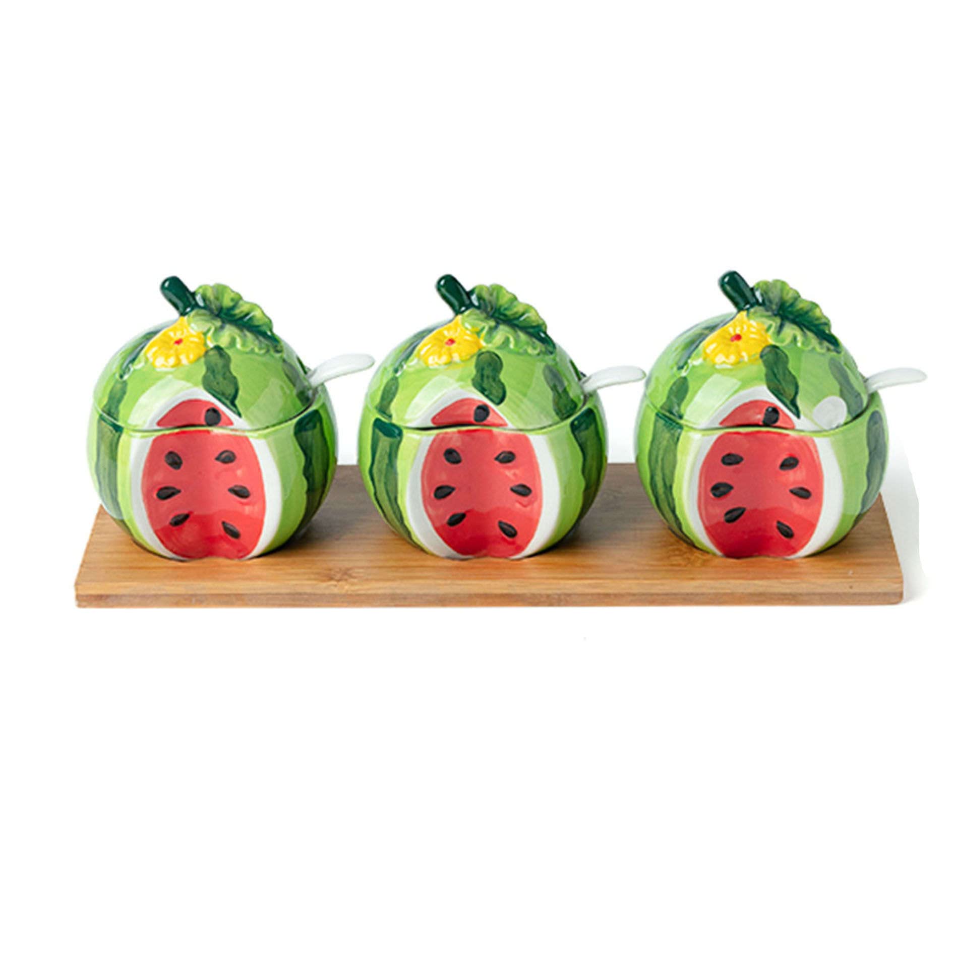 Récipient à Sucre for café, Petit déjeuner, thé de l'après-midi, sucrier en céramique, aux Fruits avec Couvercle et cuillère, Pot coloré, boîtes, Sug(Watermelon,3 Set of)