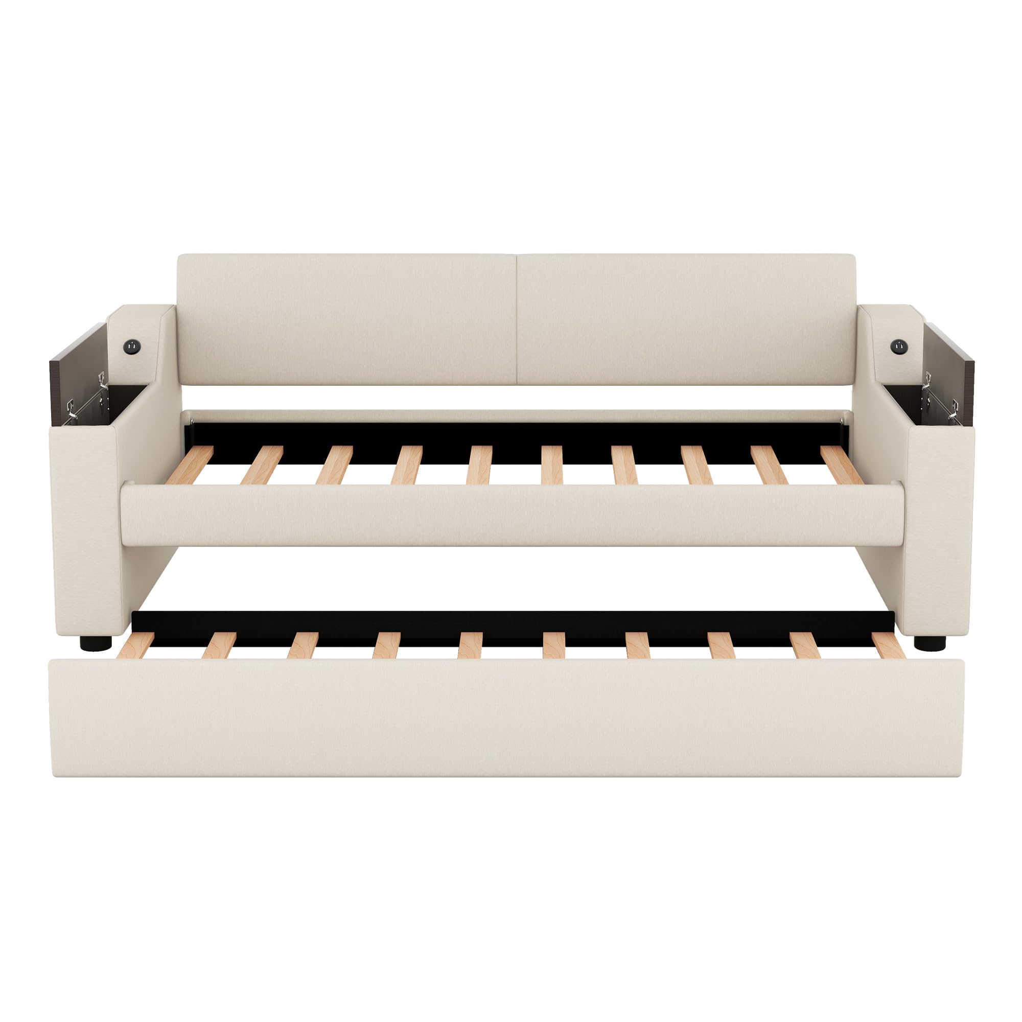 RUNWON Twin Size Upholstery Daybed with Sturdy Construction Storage Arms, Trundle and USB Design, Beige