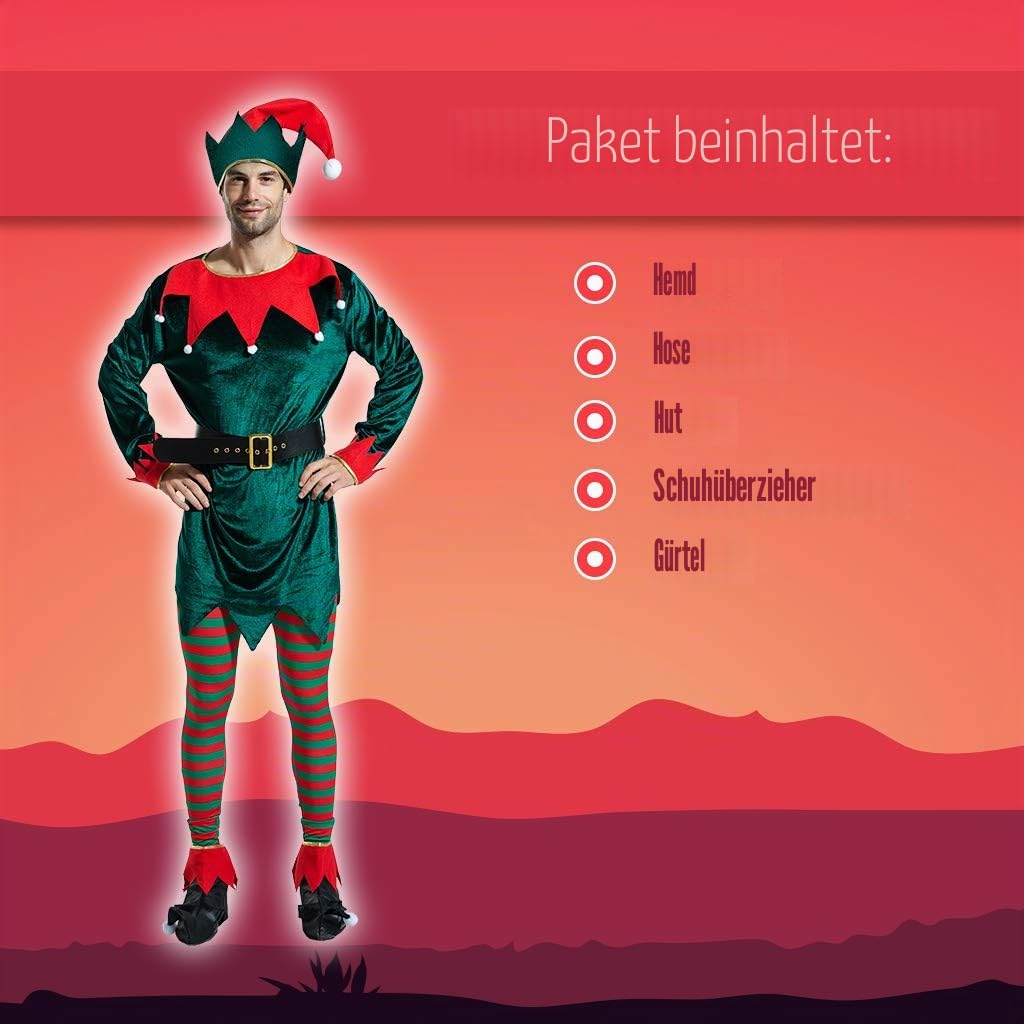 EraSpooky Herren Weihnachten Elfe Kostüm Faschingskostüme mit Hut Strumpf Überschuh Gürtel Cosplay Party Karneval Fastnacht Kleid für Erwachsene