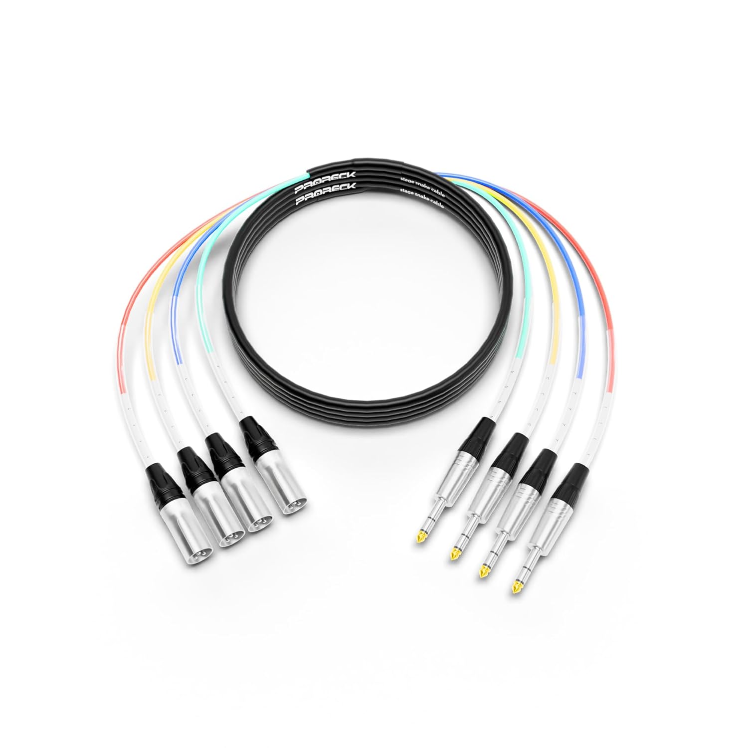 PRORECK 15ft Snake Cable, 4-Channel Shielded Audio Cable 1/4'' TRS to XLR Male, with Color-Marked Connectors for Professional Stage, Studio, and Live (PR-TRS/XLR-4 * 15M)
