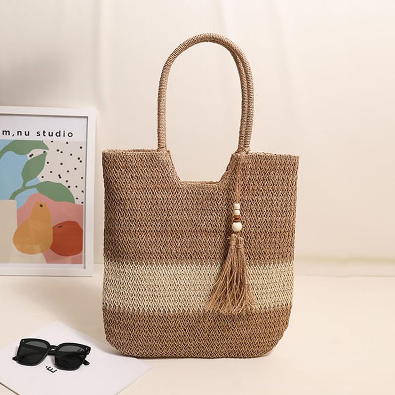 Womens Straw Beach Bag Woven Shoulder Bags with Tassels Rope Top Handle Purse Tote Shoulder Handbag for Summer Brown3