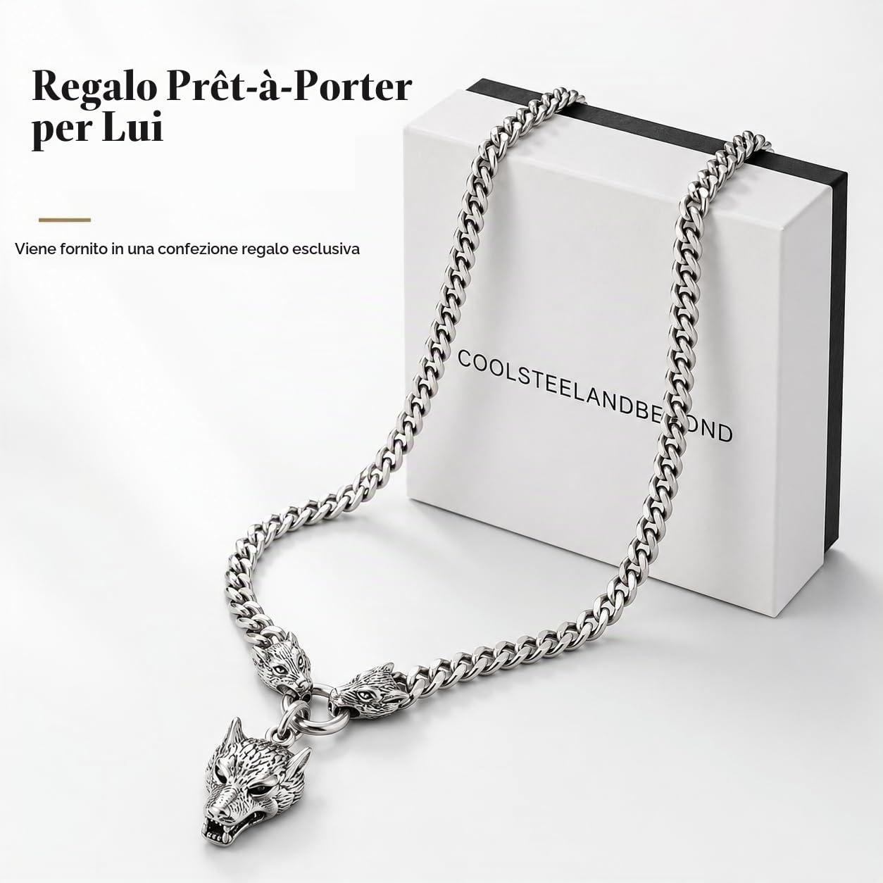 COOLSTEELANDBEYOND Collana da Uomo in Acciaio Inossidabile con Tripla Testa di Lupo, Catena Groumette Vichinga Norrena, Ciondolo Predatore a Maglia Cubana, Gioiello Biker Grintoso, Regalo per Lui