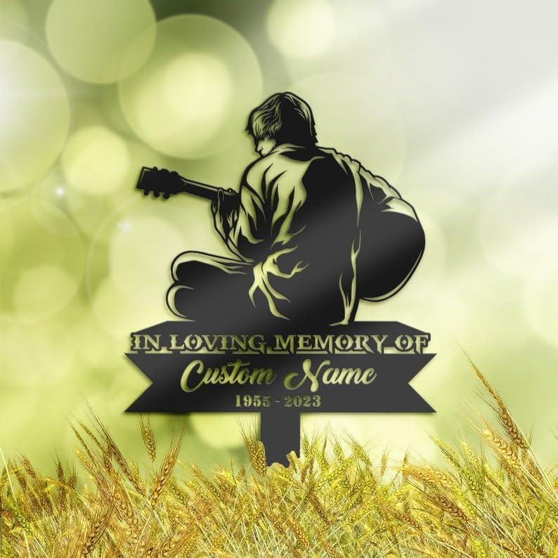 Personalized Memorial Plaques for Outdoors Man Playing Guitar Grave Marker 8x8 inch Metal Garden Stakes Cemetery Decor Memorial Gifts Sympathy Gifts for Loss of Loved One (Man Playing Guitar)