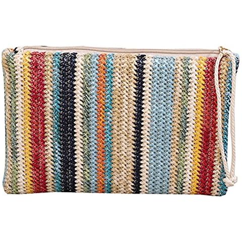 Donalworld Women Clutch Bag Summer Straw Stripe Crochet Handbag Zip Purse Blue Cover