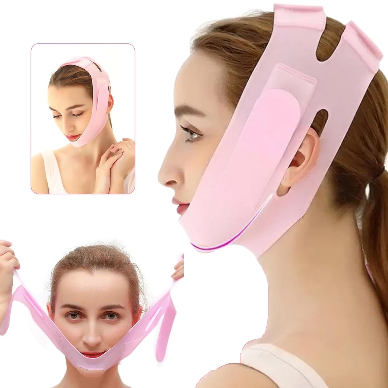 Silicone V Face Mask Face Lift Up Belt Facial Slimming Bandage Mask Cheek,Chin,Neck Slimming Thin Belt Face Slim Lift Band Mask Double Chin Reducer for Women and Men Tightening Skin (V-Line Mask) (Pink)