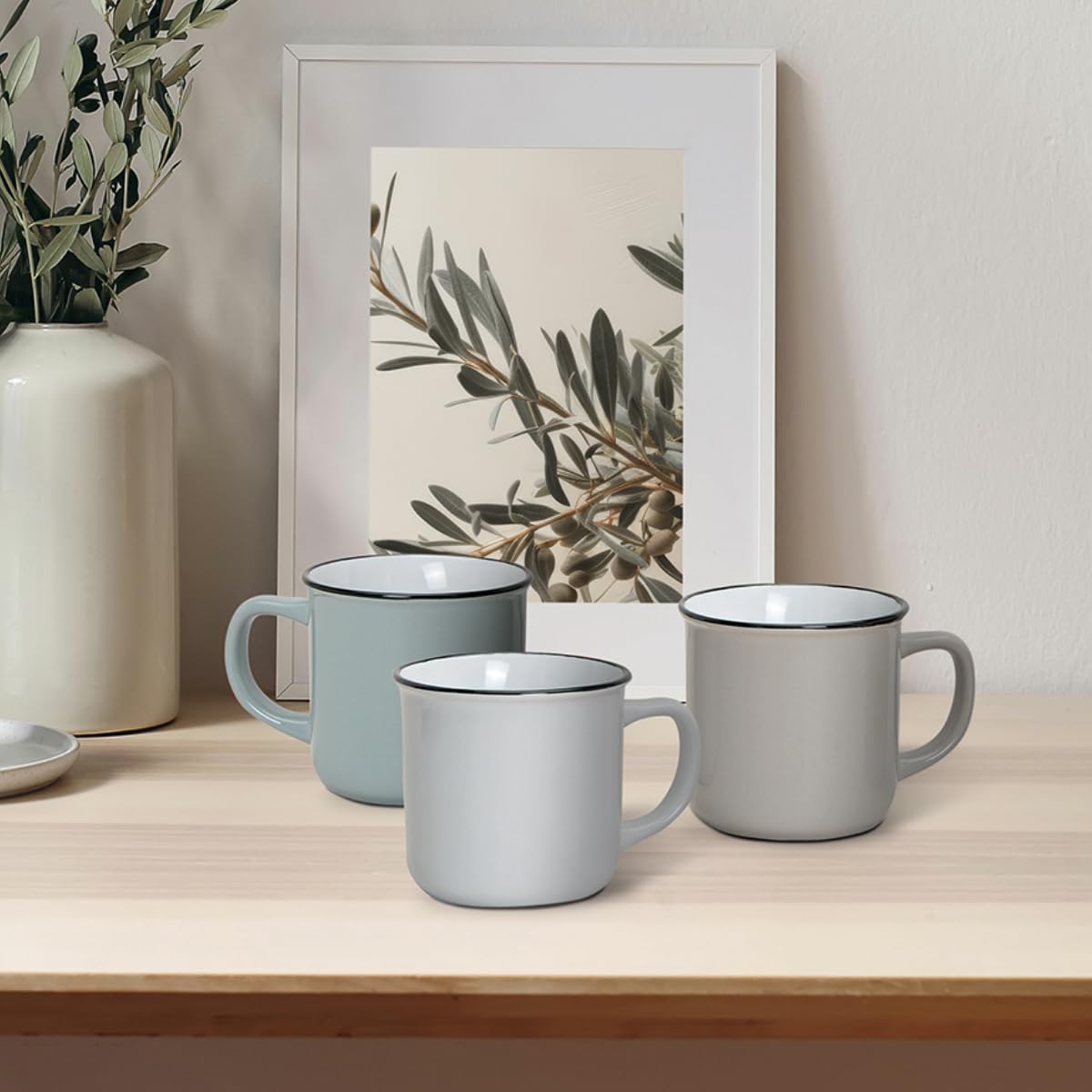 Tassen 36er Set Emaille Optik in weiß braun und grau - Retro Keramik Kaffeebecher in 300ml für Tee Kaffee Cappuccino - Süße Kaffeetassen spülmaschinenfest und mikrowellengeeignet als Geschenk