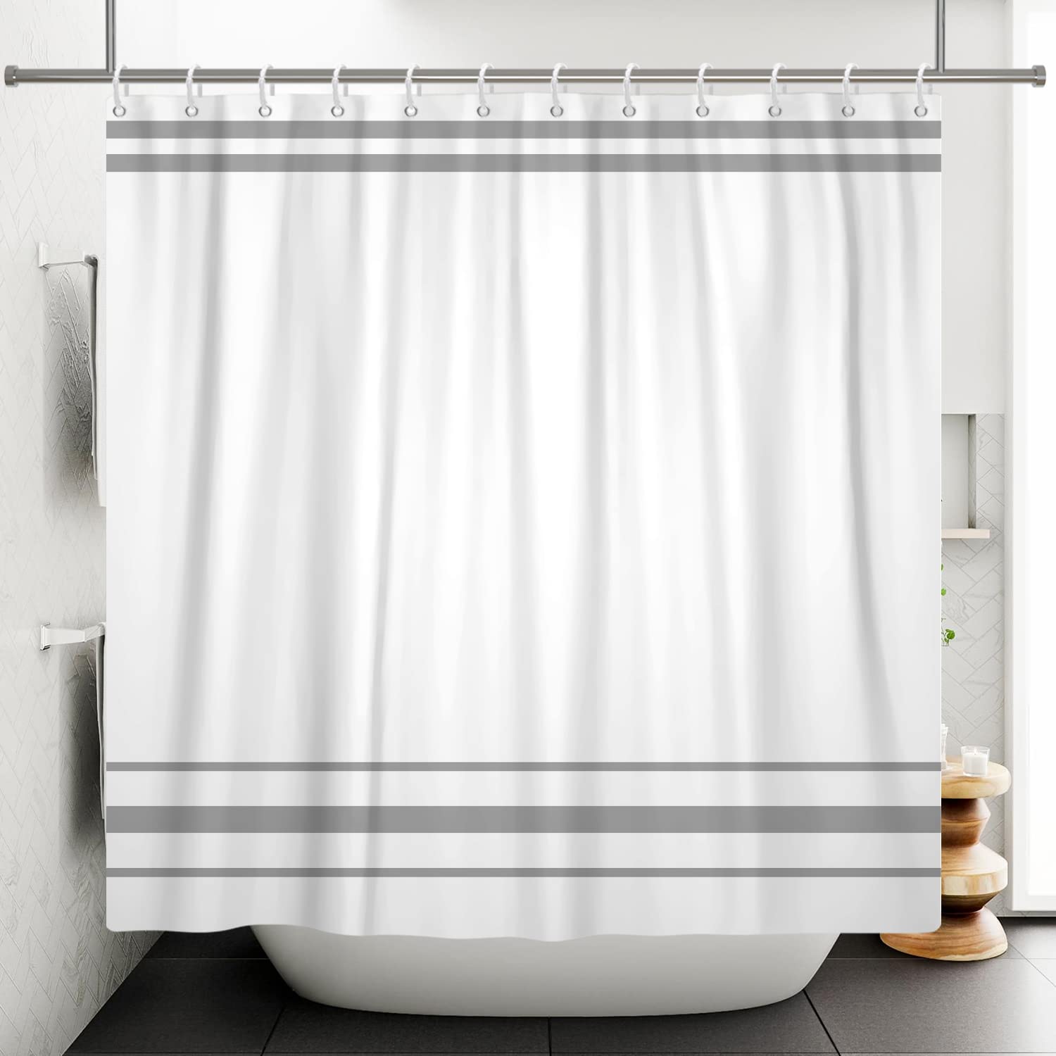 SDOTPMT 180x180cm Gray and White Shower Curtain Modern Minimalism Gray Striped Bath Curtain Countryside Farmhouse Classic Aesthetic Bathtub Curtain for Bathroom Decor Polyester with Hooks - Image 3