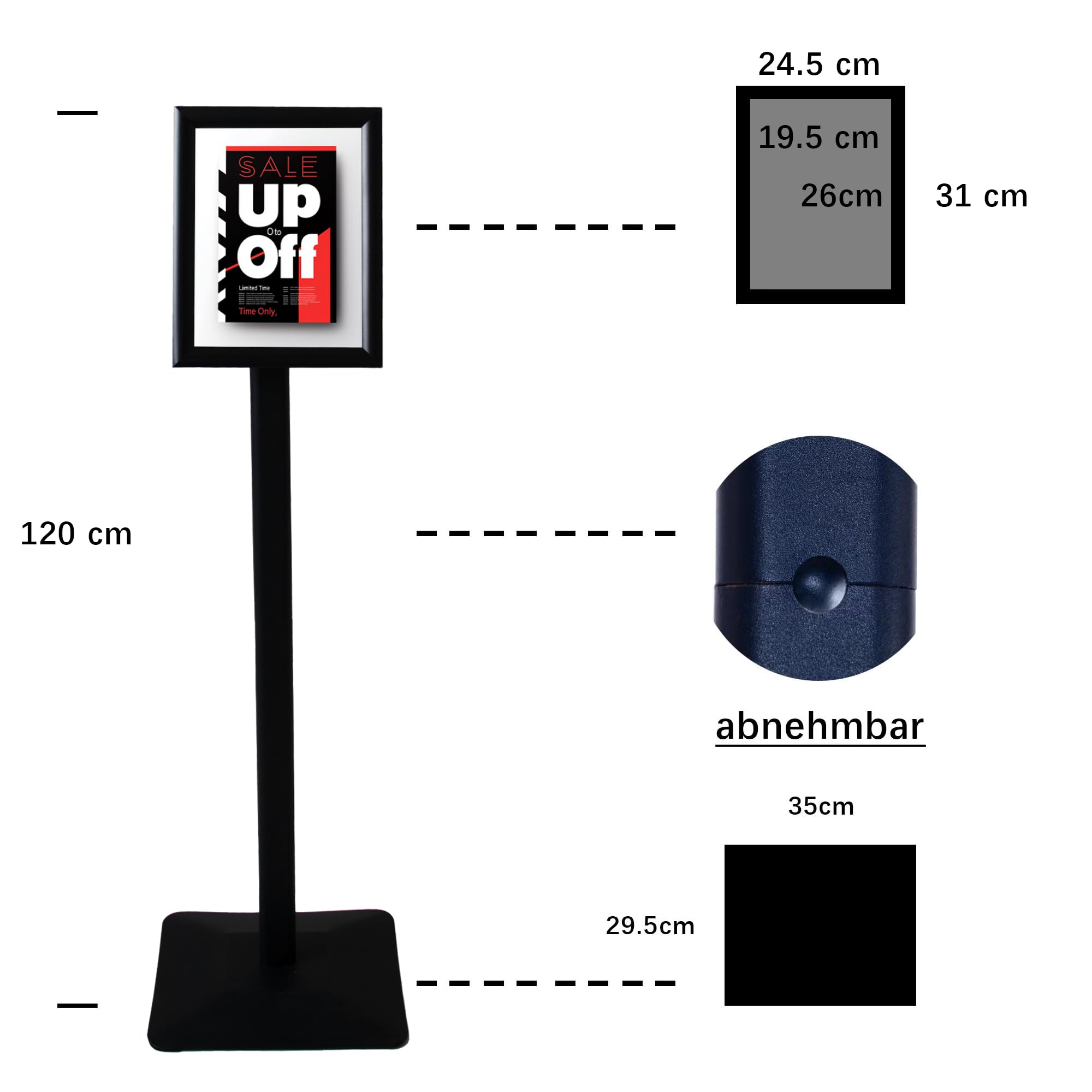 A4 Espositore da terra regolabile, supporto per poster con display rotante, scaffali informativi resistenti, base quadrata in ghisa, espositore per vendita, espositore pubblicitario, Nero