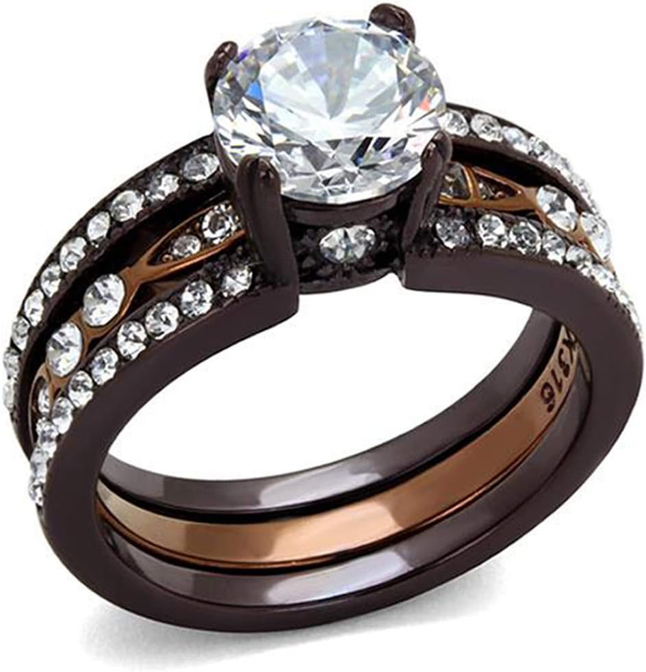 MABELLA Stainless Steel Two Tone IP Dark Brown Cubic Zirconia Round Cut Women Wedding Engagement Bridal Ring Set