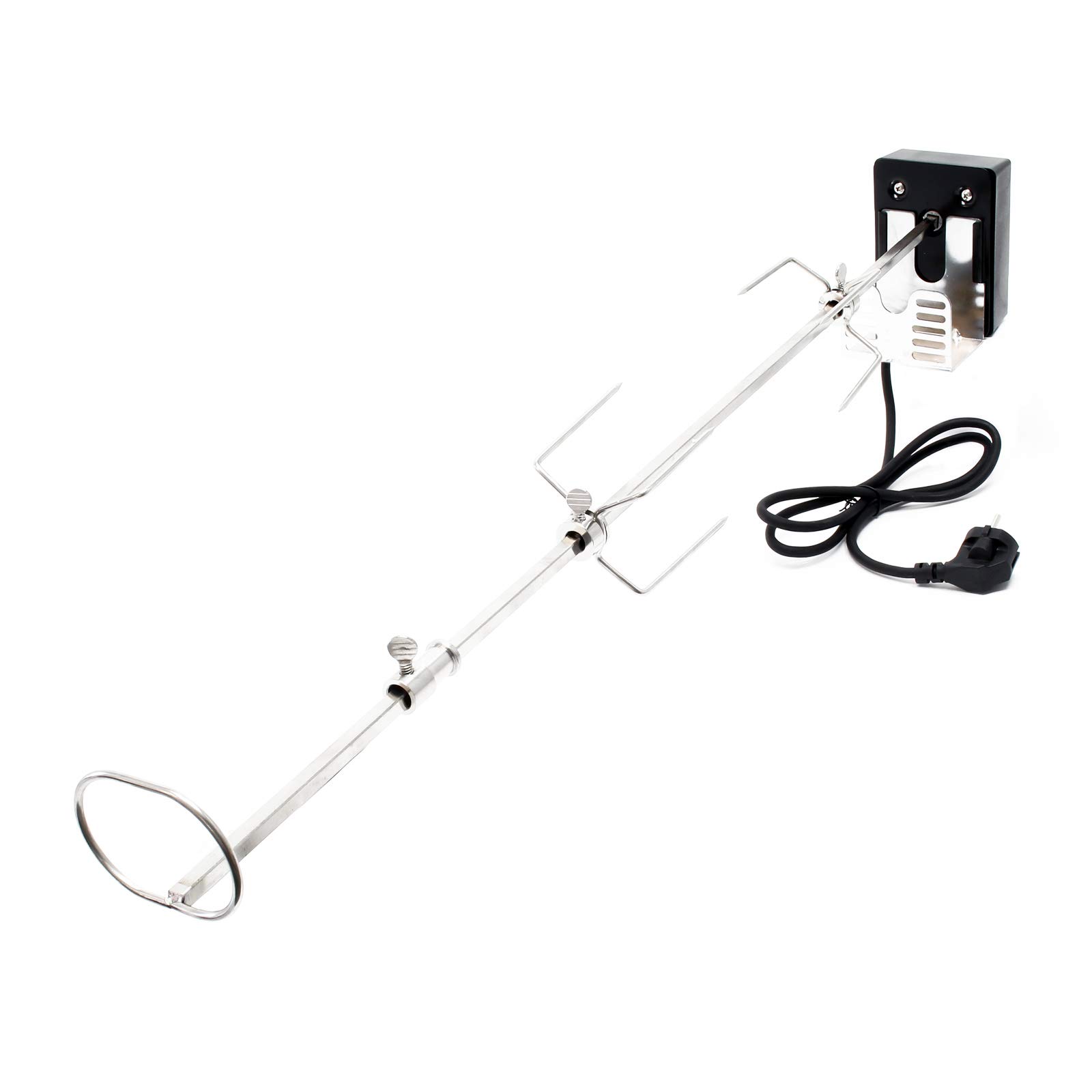 Wiltec Girarrosto da Barbecue 82 cm 230 V, Spiedo in Acciaio Inox con 2 forchettoni Carne