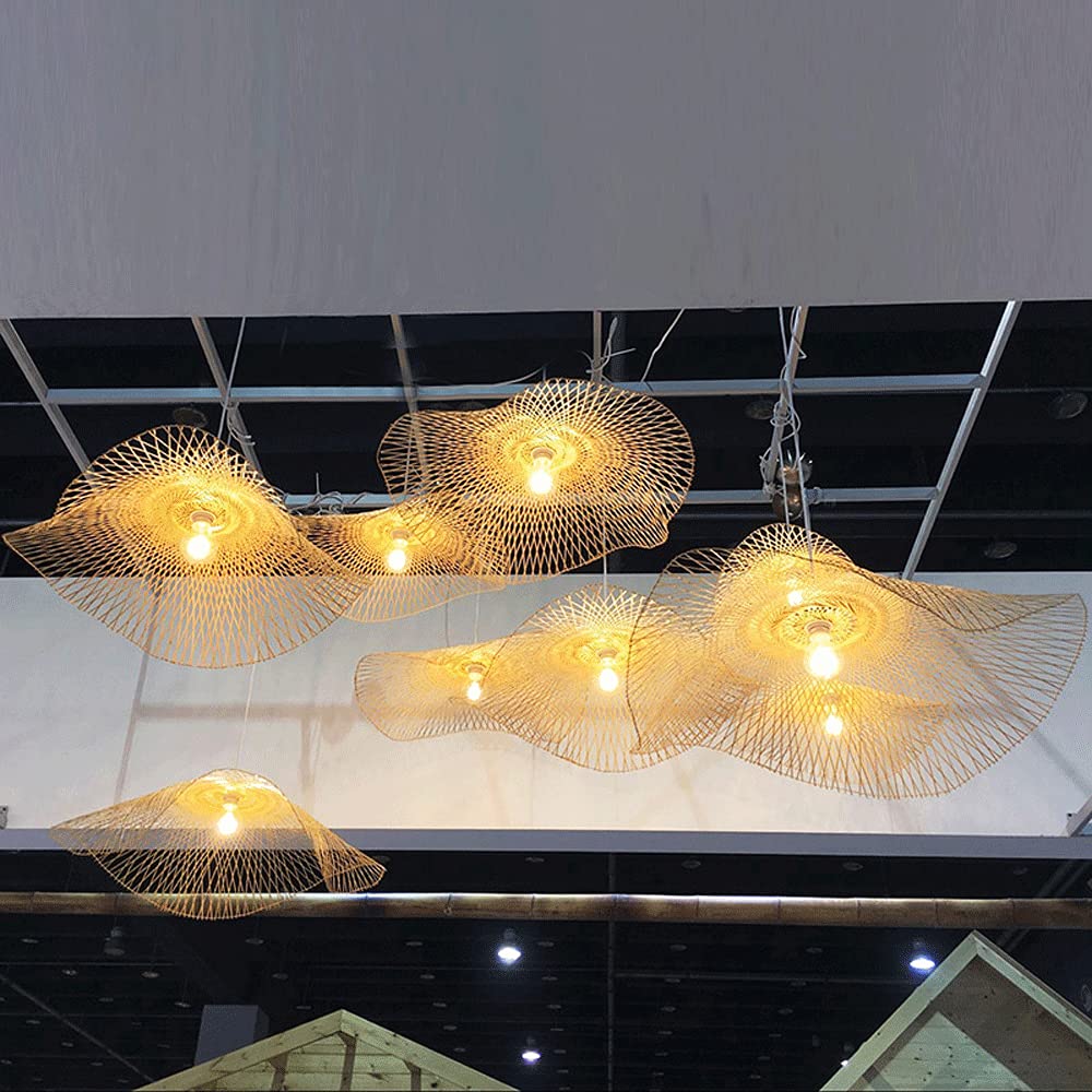 Éclairage en Matériaux Naturels Suspension Chapeau De Paille Abat-Jour en Rotin Et Osier Country Lustre Vintage en Bambou Luminaire Suspendu Tissé en Rotin Clair, Beige, 55cm