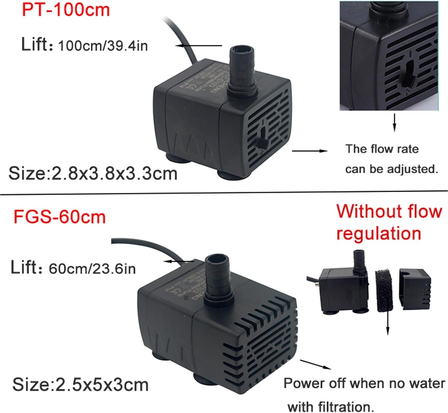 Industrial Water Pressure Diaphragm Pump Aquarium Fish Tank Filtration Pumps Mini Fountain Submersible Adjustable Flow Water Circulation Pump 5V 5W(PT-100cm)