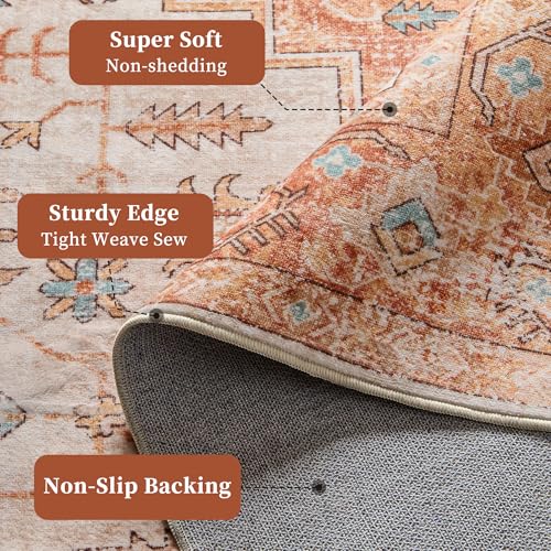 Vintage 8x10 Washable Area Rug, Low-Profile Large Area Rug with Non-Slip Backing & Durable Edge Binding, Pet-Friendly Carpet, Large Rug for Living Room, Bedroom, Dinning Room