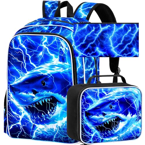 Image of 3Pcs Shark Backpack for Boys, Lightning Kids Bookbag with Lunch Box, 17 inch School Backpacks for Elementary Preschool Kindergarten (Blue)