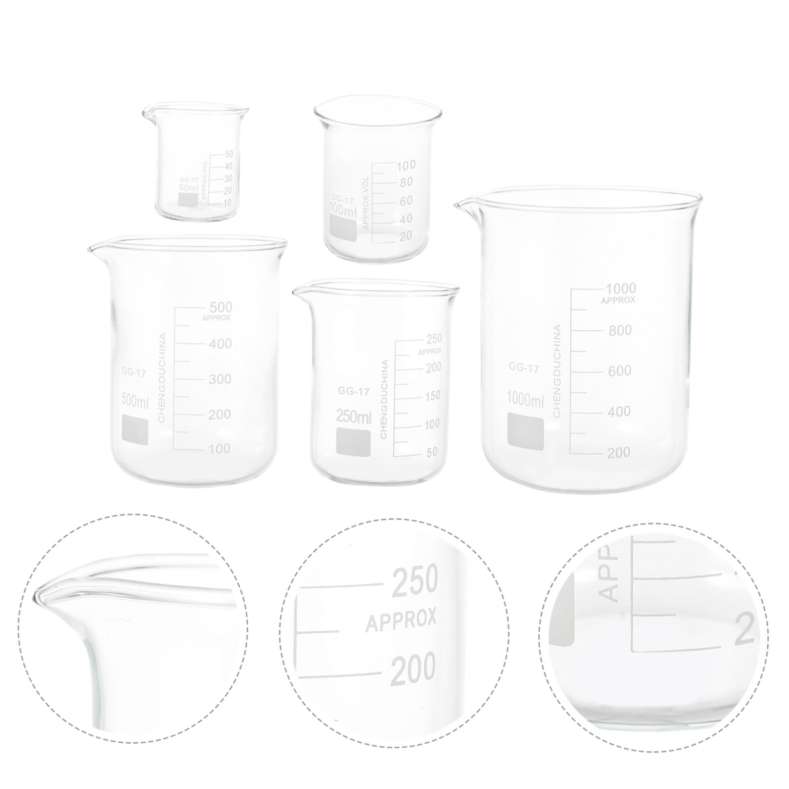 BESTYASH Vasos Medidores Transparentes de Vidrio 5 Piezas para Laboratorio | Tazas Medidoras de Líquidos, Porta Líquidos a Escala, Decoracion Colegio