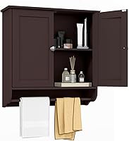 Vista 1 de Tangkula Armario de baño montado en la pared, botiquín de baño con barra y puerta doble, estante ajustable, almacenamiento sobre el inodoro, Marrón