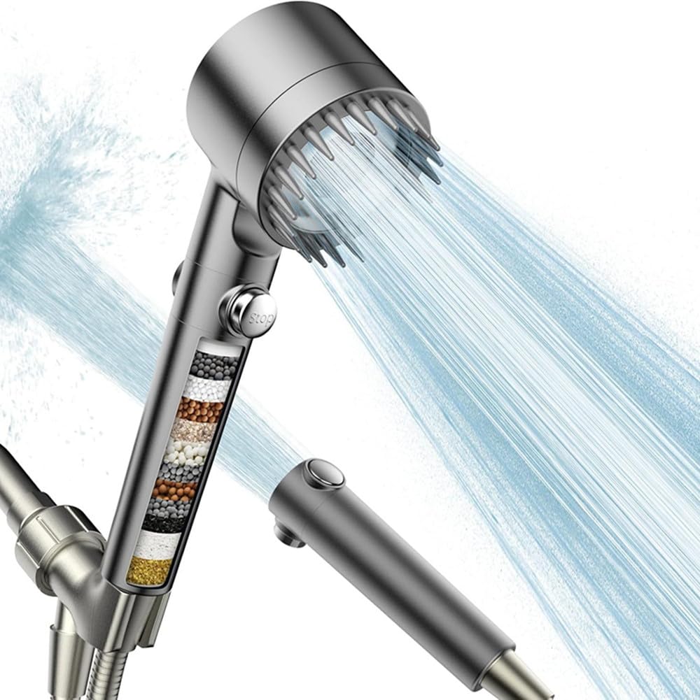 Cabezal de ducha filtrado con mano, cabezal de ducha de alta presión con 3 modos de pulverización con filtros, cuentas de filtro suavizante de agua para agua dura con interruptor de encendido/apagado