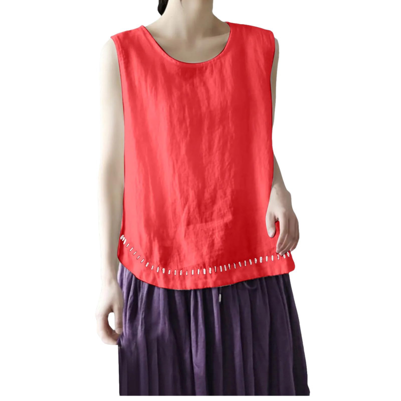 OFFSUM Camisole D'Été Pour Femme - Débardeur Grande Taille En Coton Et Lin Col Rond Style Coréen Broderie Coupe Ample Sans Manches Streetwear Été