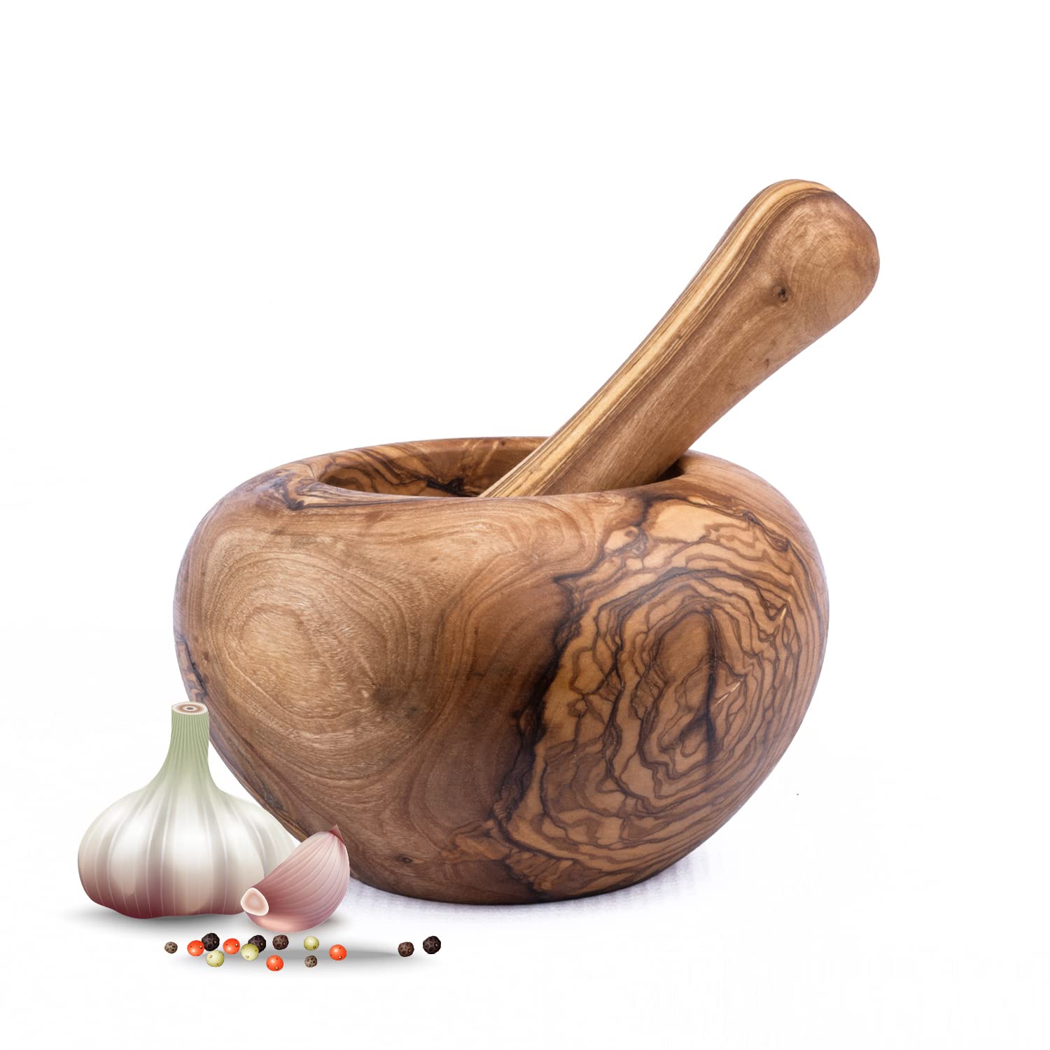 Mörser mit Stößel aus Olivenholz, Kräutermörser, handgefertigt mit Naturrand, Küchenmörser Holzmörser - nachhaltiger Kräuter-, Gewürz-Mörser (Ø 10 CM)