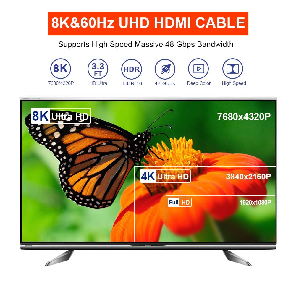 Cavo HDMI 2.1 6ft (1.8m) 8K, Ethernet, EARC, 48Gbps, HDR, Gold Plated, Yellowprice