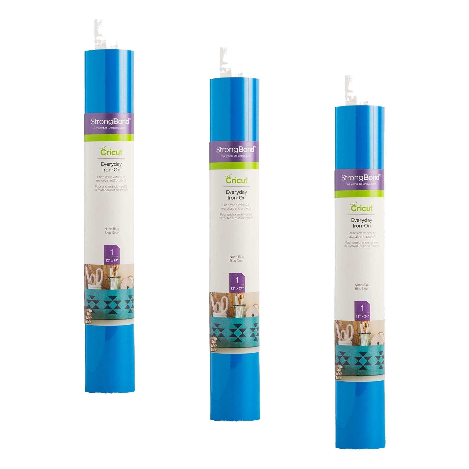 Cricut Everyday Iron On - Neon Blue, 3-Pack of 2ft Rolls (12"x24"), 6ft Total - HTV Heat Transfer Vinyl for Shirts, Apparel, Hats &amp; More - Compatible with Maker &amp; Explore Machines