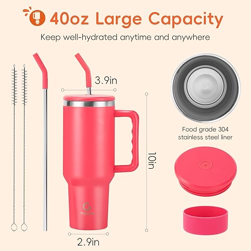 Miniatura 7 de VUSIGN Vaso de 40 onzas con asa y tapa con pajilla, vaso de acero inoxidable aislado al vacío, taza de viaje para agua, té helado, café, batido,