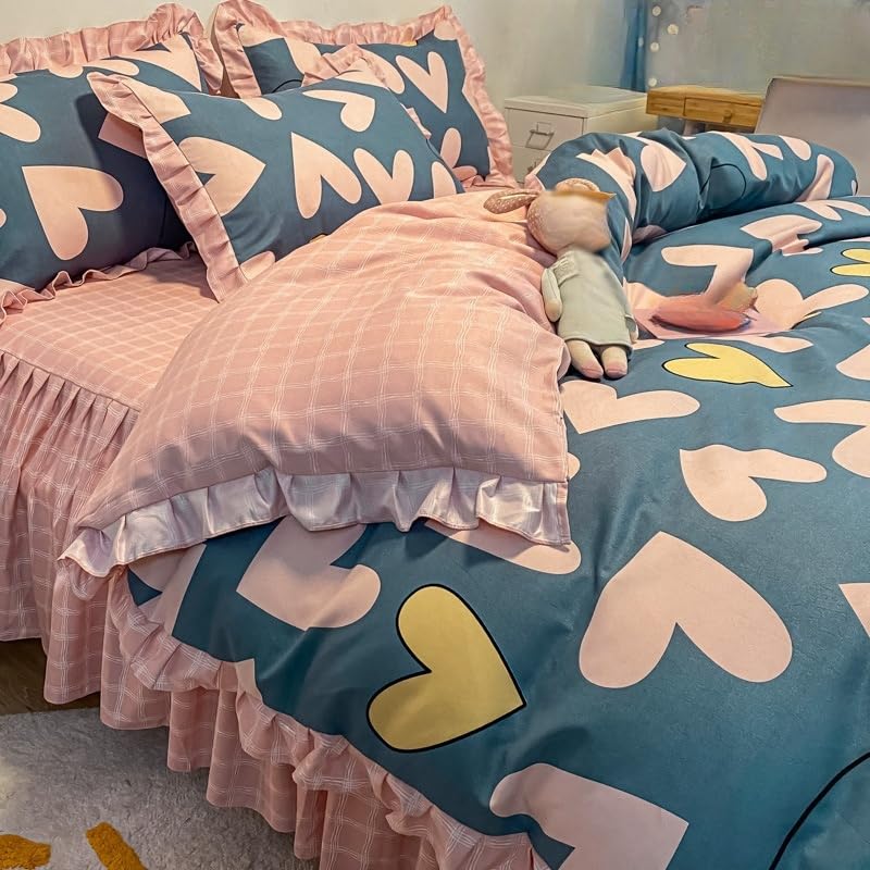 Funda Nórdica 200x200, Lindo Juego de Cama con Estampado de Corazones Funda Nórdica con Patrón de Amor Rosa y Amarillo 3 Piezas con Volantes Dulces para Niñas Niños y Mujeres Funda de Edredón c