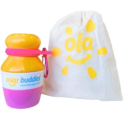 Pink Bag Bundle Solar Buddies - Bolsa aplicadora de protector solar recargable enrollable con aplicador de clip Carabina para familias, niños,