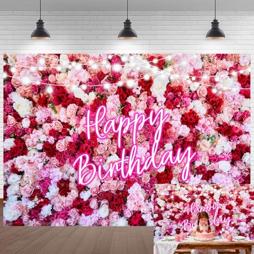 Fondo Rosas Rosado Feliz Cumpleaños 7x5 pies miniatura 1