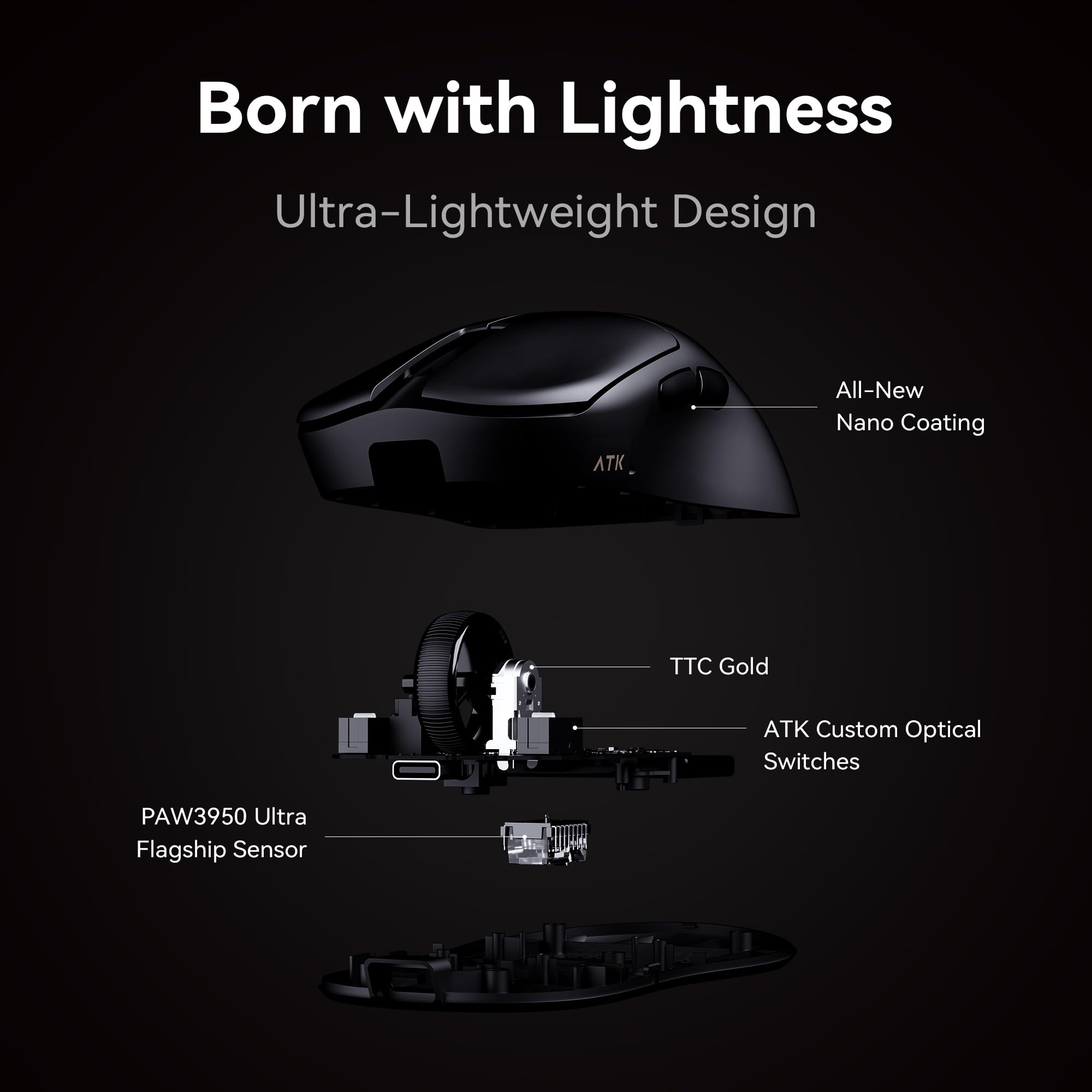 ATK Mouse para jogos sem fio Blazing Sky U2 V2, ultra sensor